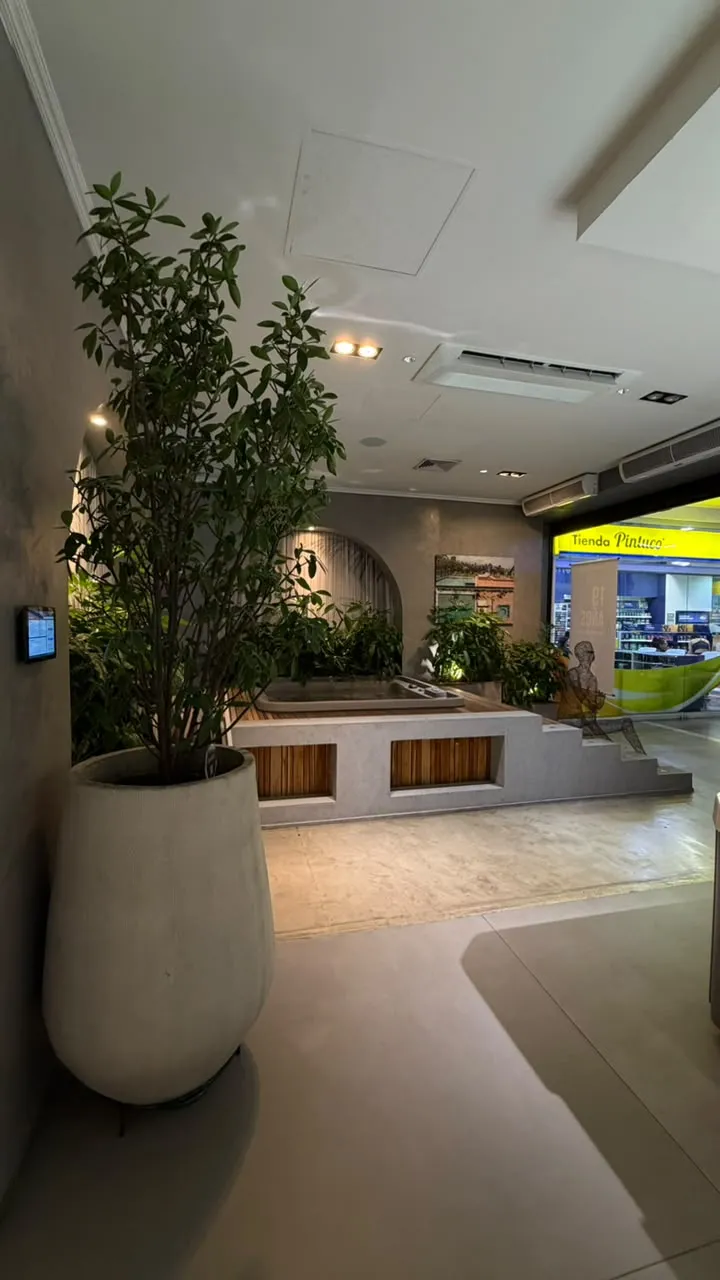 Entrada de la sala de experiencia de Go Ambient y Ambiente Azul en el pasillo del C.C. IDEO, con una matera grande y un jacuzzi en exhibición