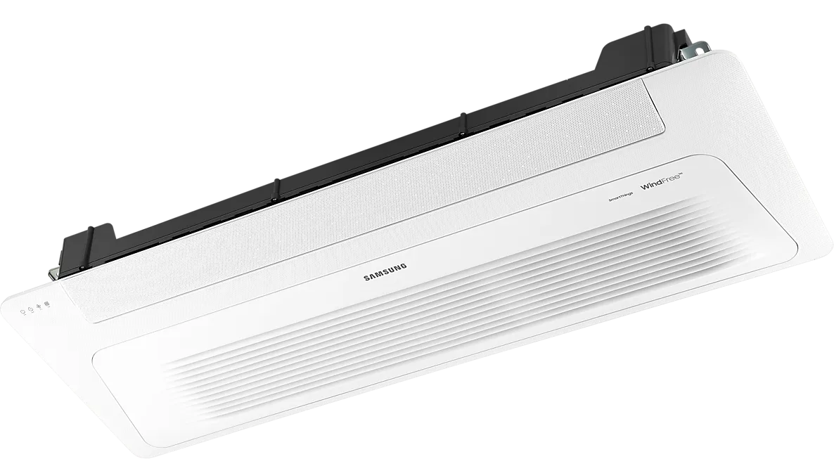 Cassette de 1 vía WindFree™ de Samsung visto desde abajo: panel delgado microperforado con una salida de aire y lamas de retorno