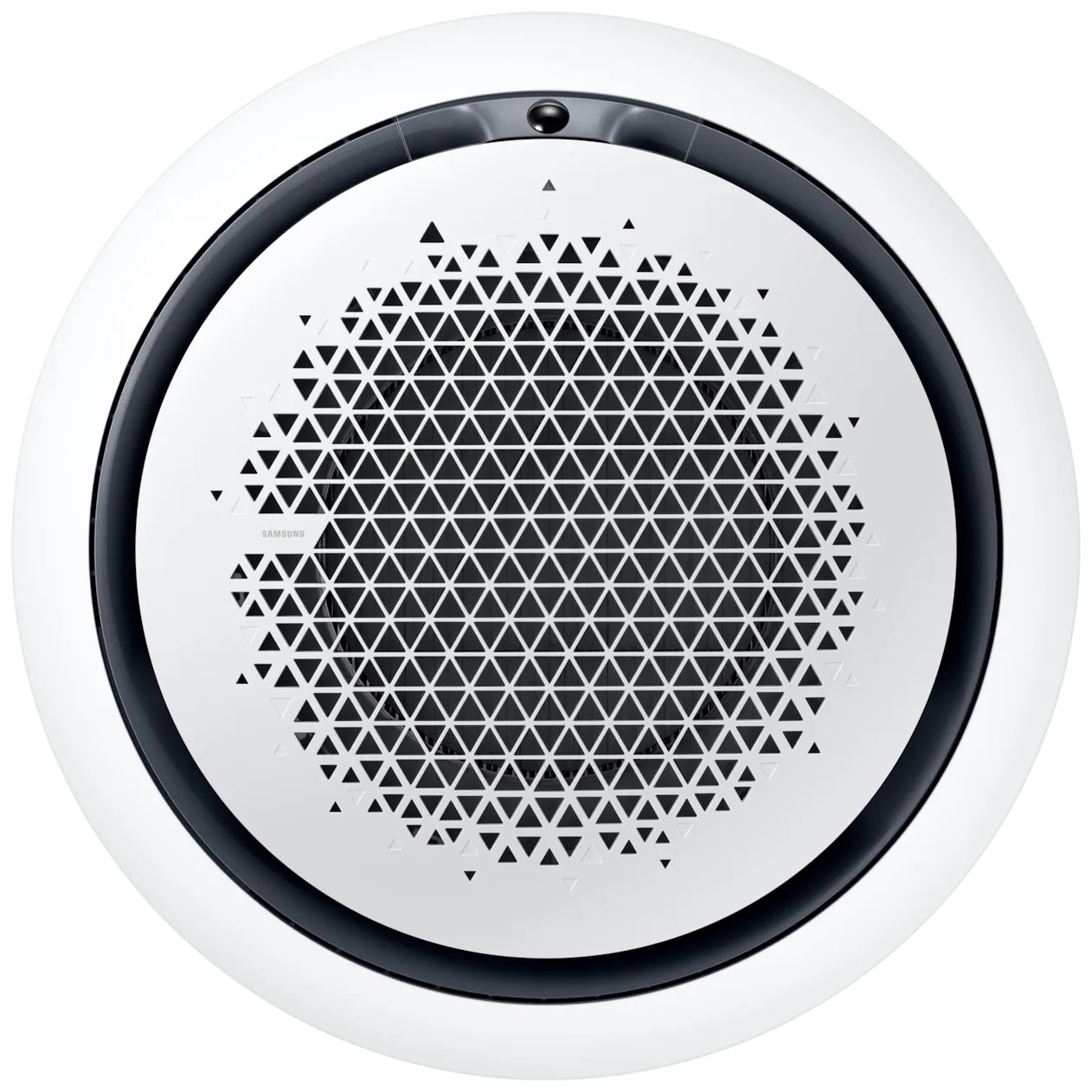 Cassette 360 de Samsung con panel de diseño circular: anillo azul oscuro alrededor de la salida de aire y rejilla de perforaciones triangulares