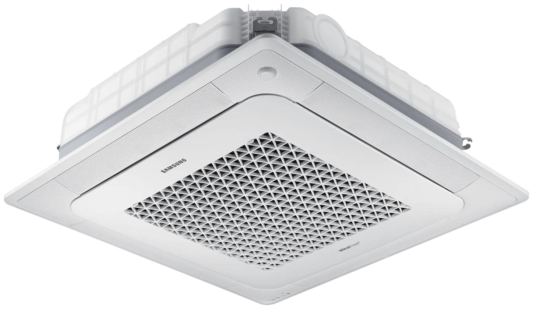 Cassette de 4 vías WindFree™ de Samsung AC048TN4DKC/VN en perspectiva: panel cuadrado microperforado con salidas de aire en sus cuatro lados