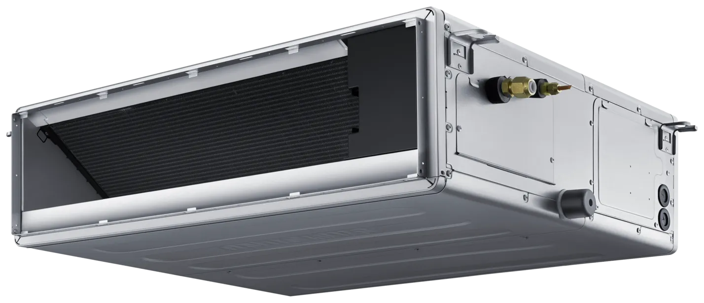 Unidad de ducto Slim Fit de Samsung AC048TNMDKC/VN: carcasa metálica compacta con la boca de aire a la vista