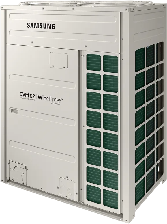 Unidad exterior DVM S2 de Samsung de 20 HP: gabinete blanco con la etiqueta DVM S2 WindFree y las rejillas del serpentín verde