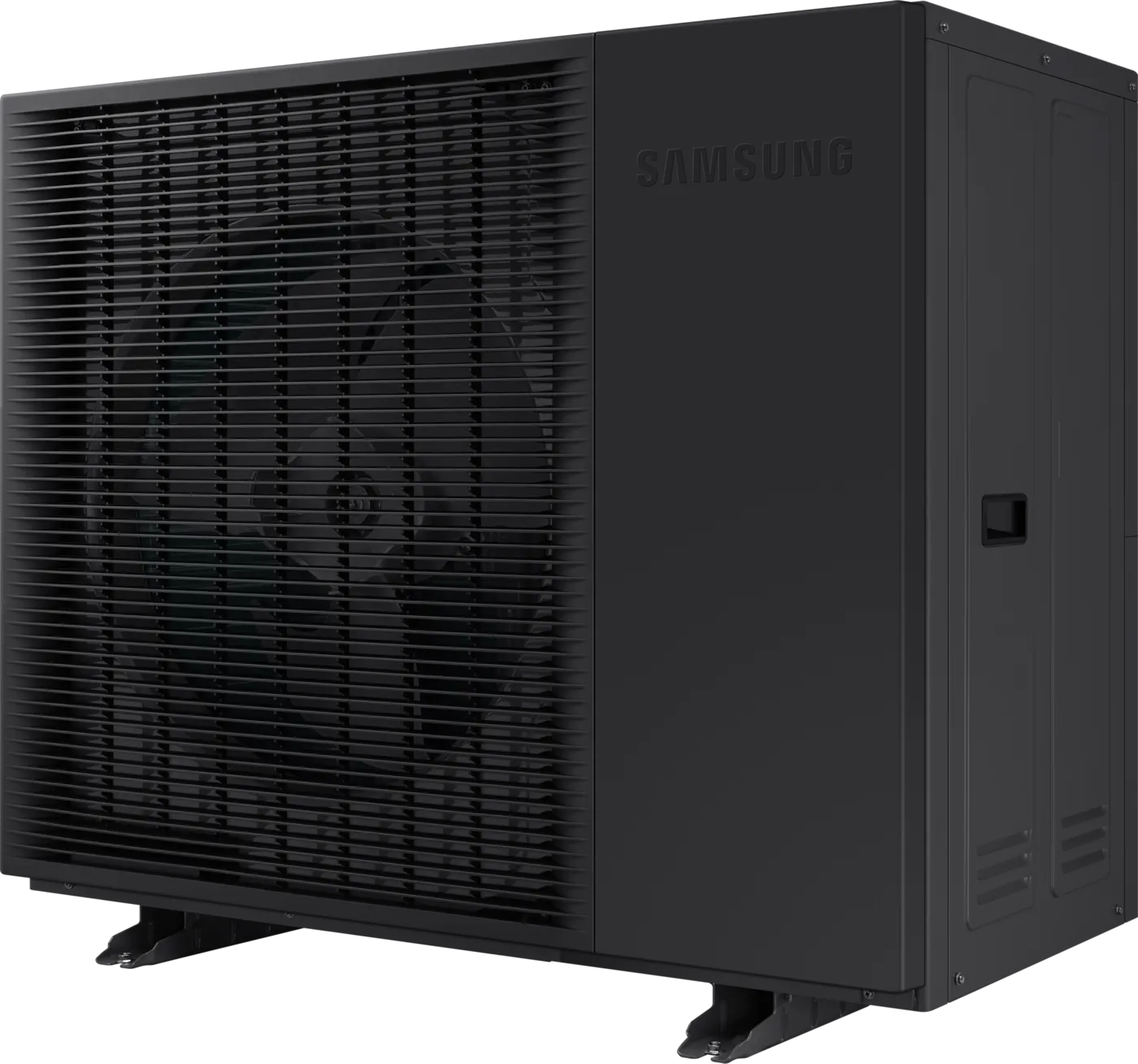 Bomba de calor EHS Mono R290 de Samsung en color grafito, en perspectiva, con la rejilla de lamas sobre el ventilador